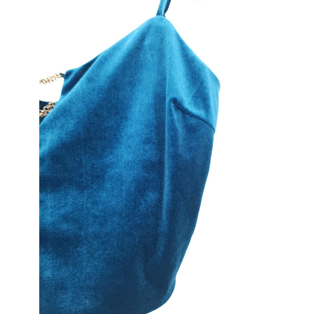 Meraki Women L Modern Glam Festival Velvet Crop Top Teal Blu Elastic Back Chains - Picture 3 of 8
